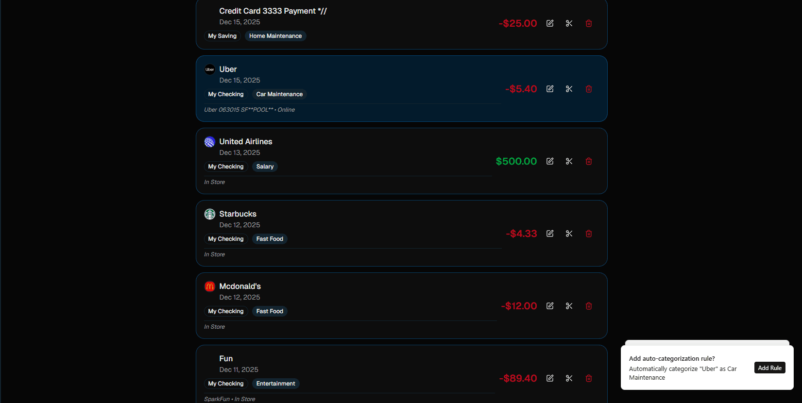 Clean transaction list preview